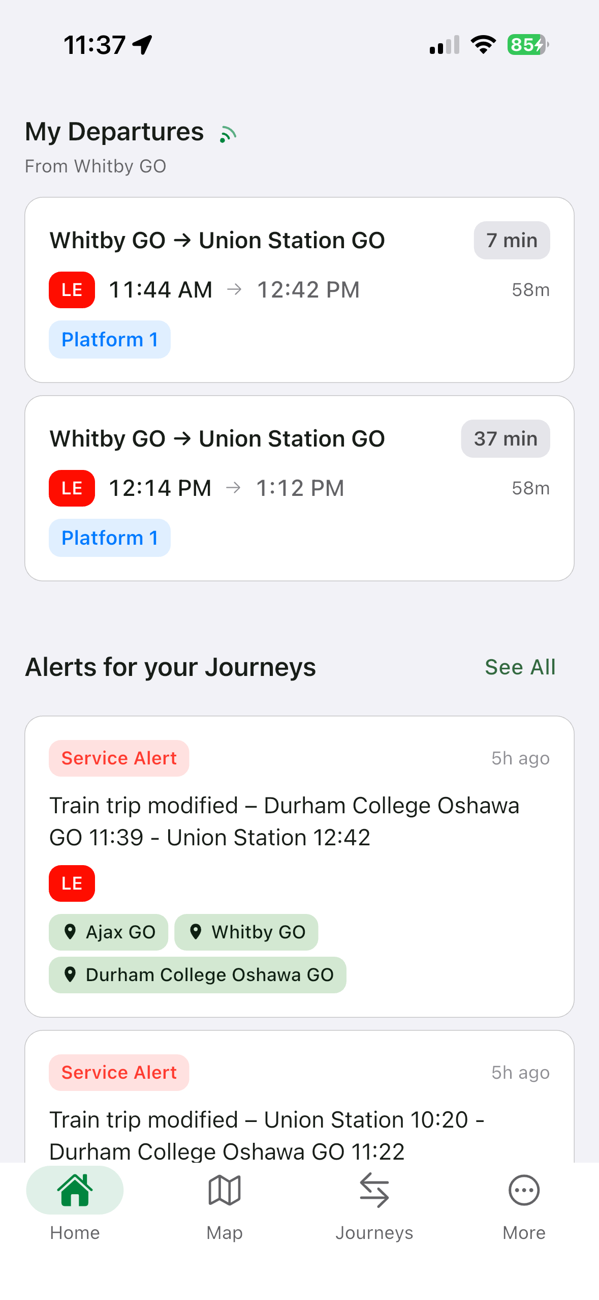 GOPulse dashboard showing departures from Whitby GO with service alerts