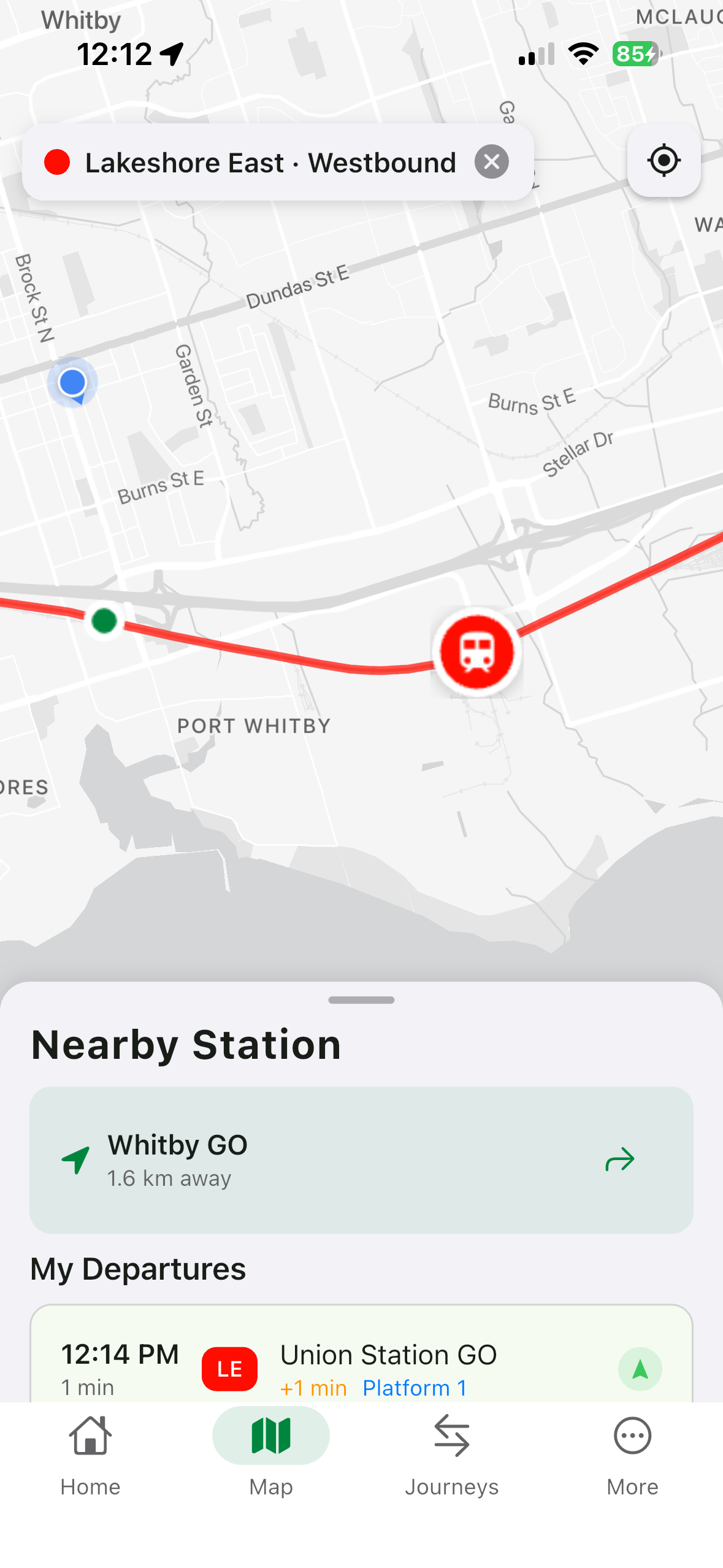 GOPulse live map showing nearby station and train on the Lakeshore East line