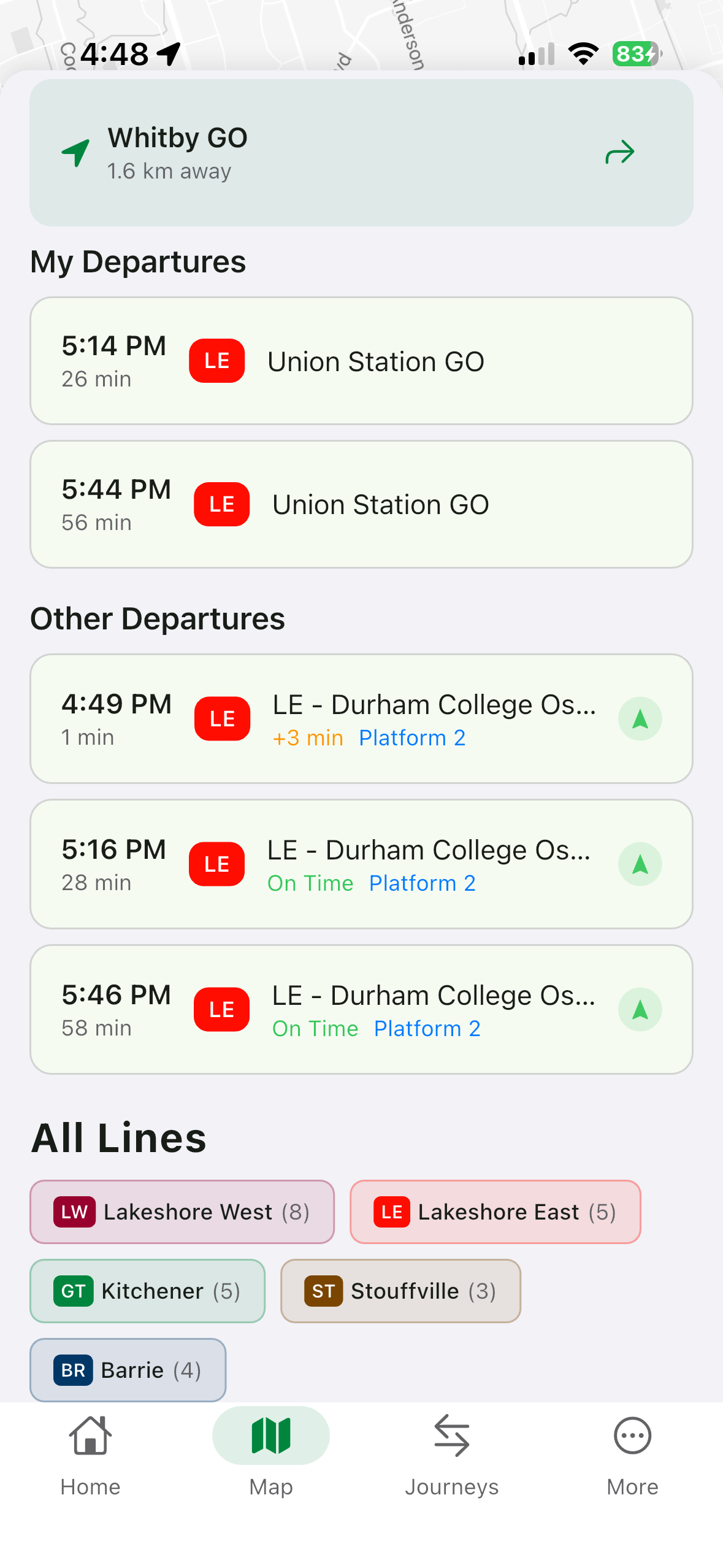 GOPulse dashboard showing upcoming departures with platform assignments and delay status