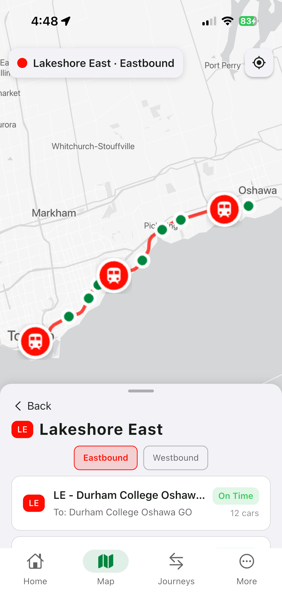 GOPulse live train tracking map showing real-time train positions across GO lines