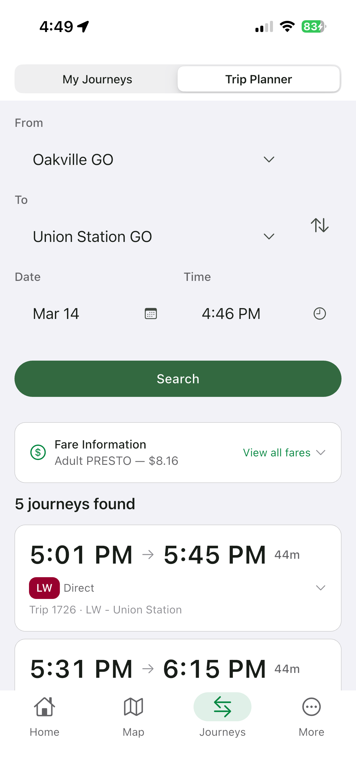GOPulse trip planner showing route options with PRESTO fare information